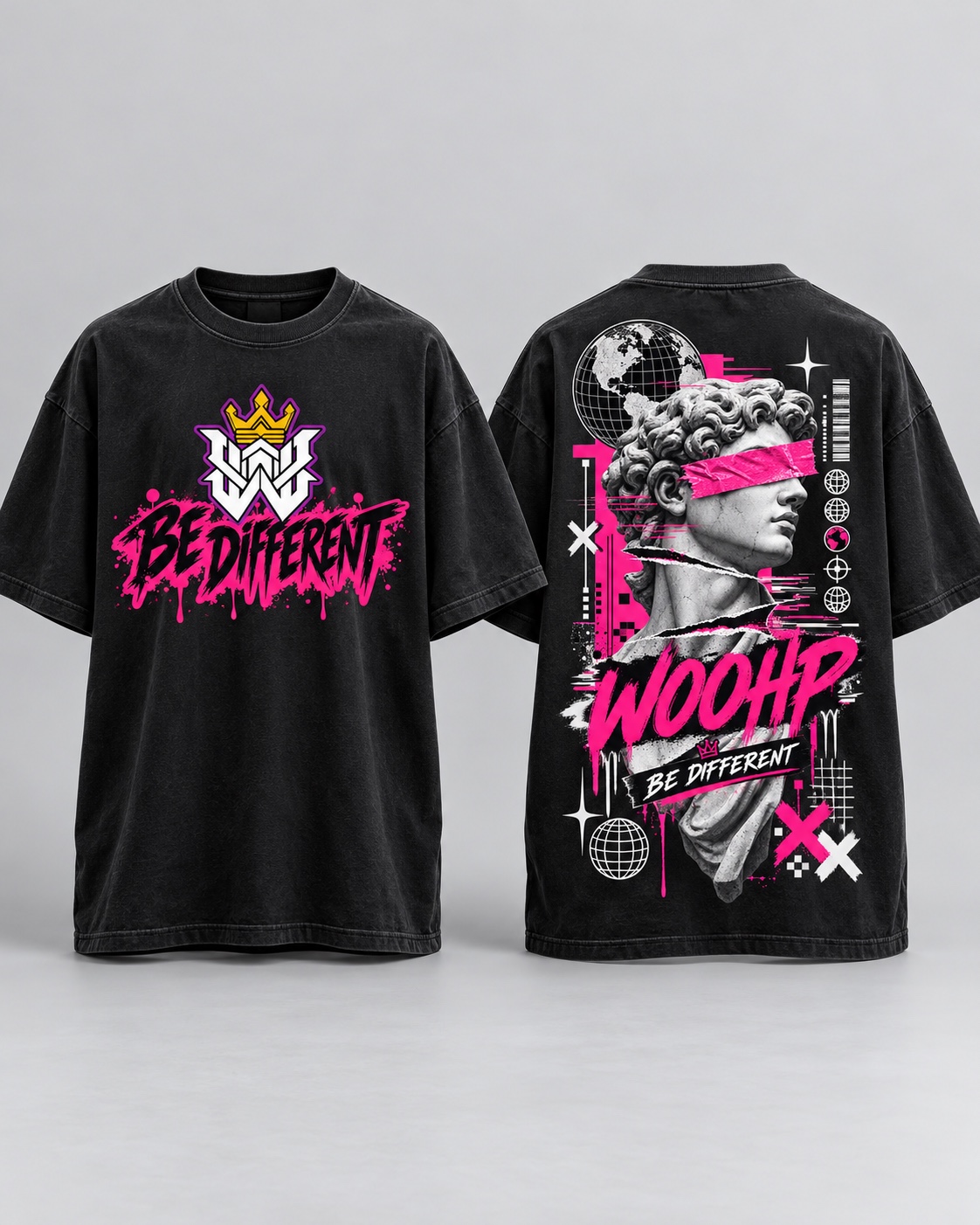 Be Different original, camiseta preta frente e costas