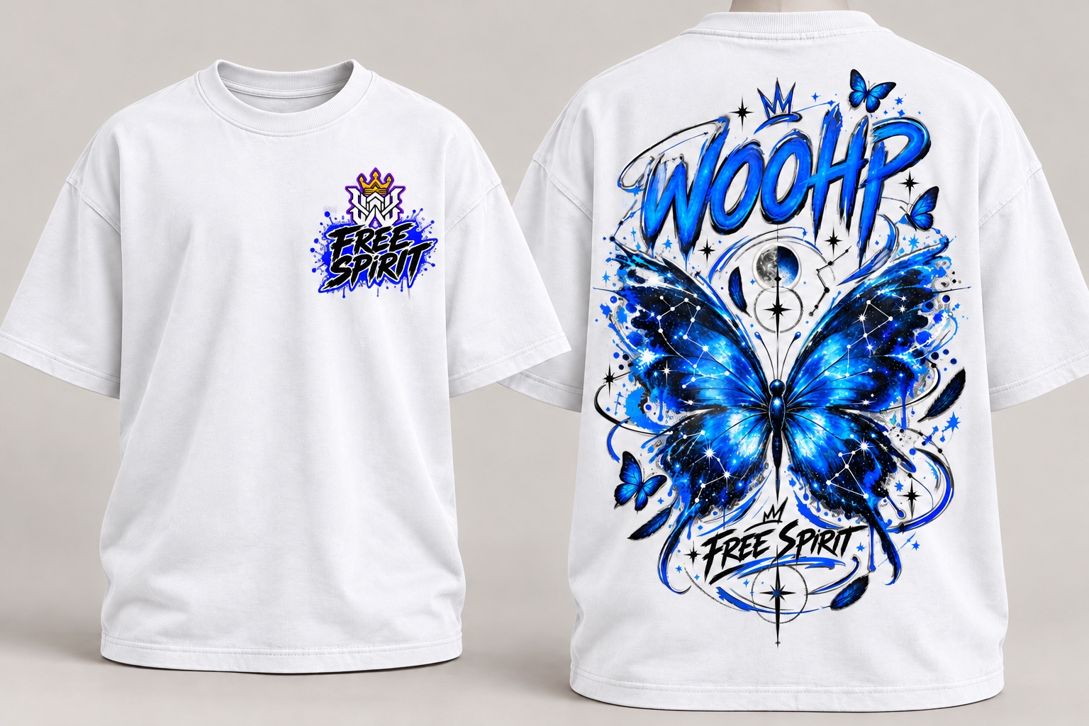 Free Spirit original, camiseta branca frente e costas
