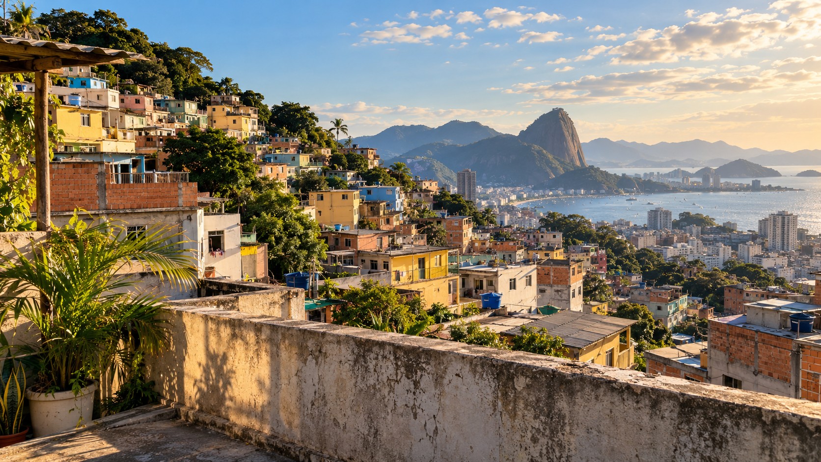 Cenário urbano ilustrativo inspirado nas comunidades do Rio de Janeiro, com casas coloridas e morros ao fundo
